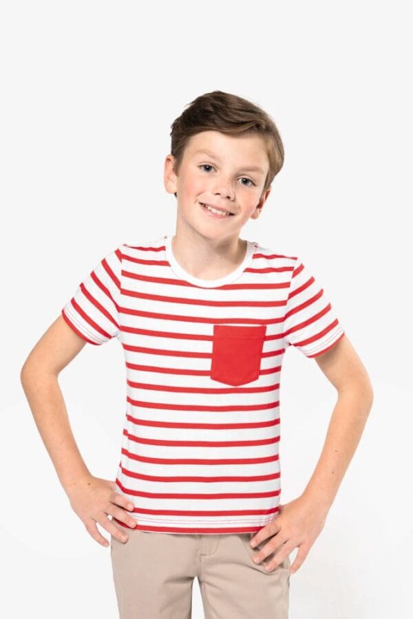 Gestreiftes Kurzarm-T-Shirt mit Tasche für Kinder im Marine-Stil K379