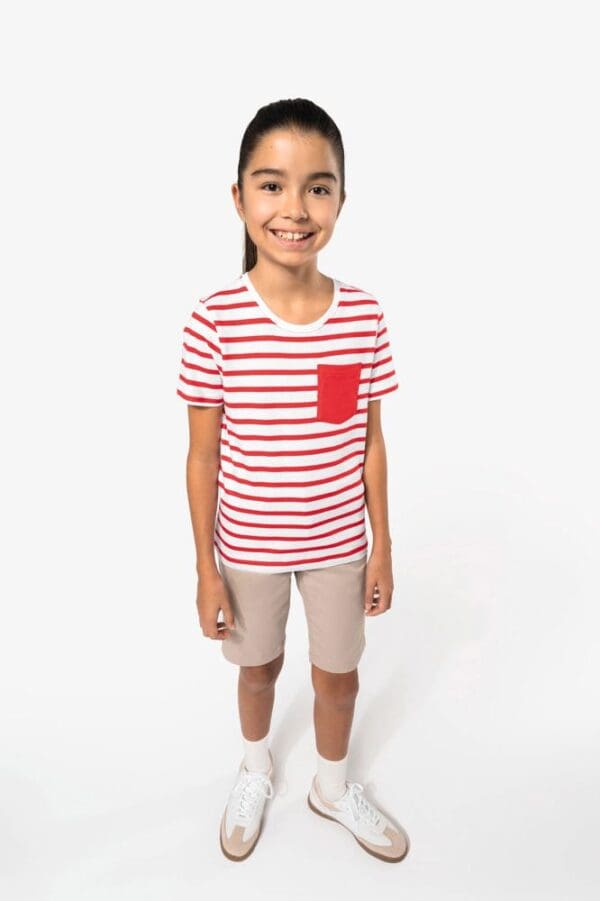 Gestreiftes Kurzarm-T-Shirt mit Tasche für Kinder im Marine-Stil K379