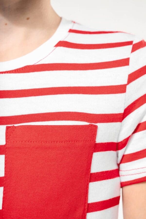 Gestreiftes Kurzarm-T-Shirt mit Tasche für Kinder im Marine-Stil K379