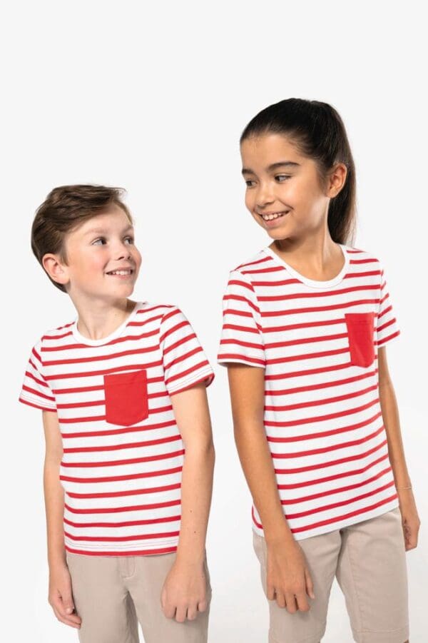 Gestreiftes Kurzarm-T-Shirt mit Tasche für Kinder im Marine-Stil K379