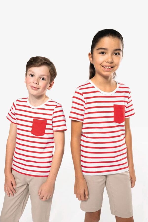 Gestreiftes Kurzarm-T-Shirt mit Tasche für Kinder im Marine-Stil K379