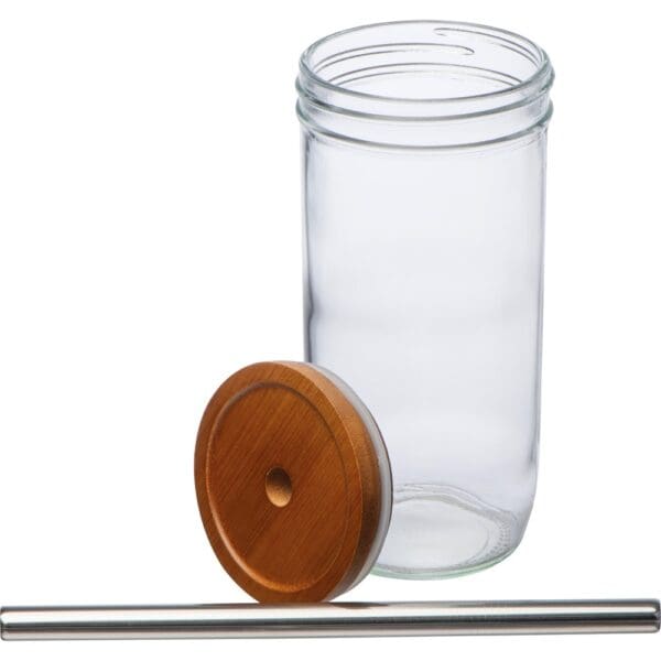Glasbecher mit Bambusdeckel und Trinkhalm