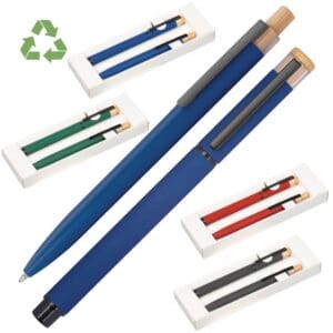 Kugelschreiber Schreibset mit und Rollerball aus recyceltem Aluminium