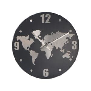 Wanduhr aus Aluminium mit Weltkarte