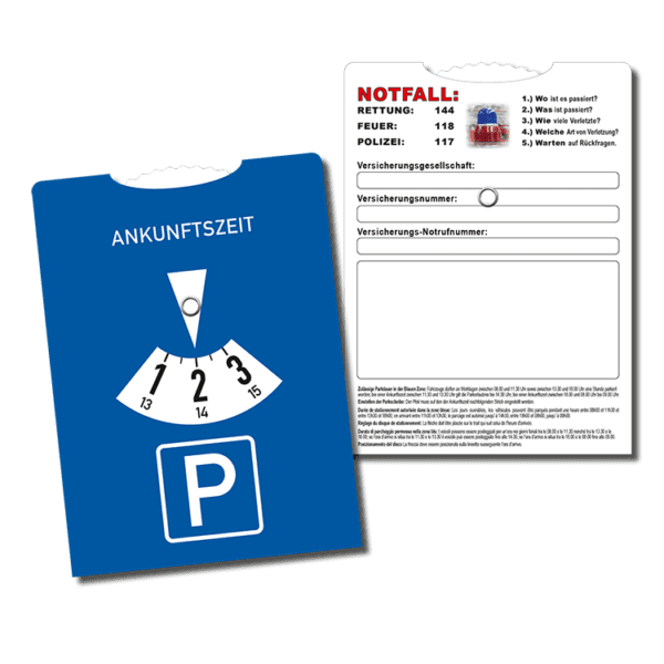 Parkscheibe (CH) mit Notfallrufnummern