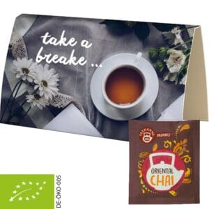Beuteltee Bio Oriental Chai, ca. 1,8g, Werbekarte A6 gefaltet