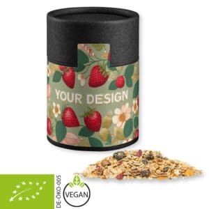 Bio Müsli Erdbeerchen, ca. 60g, Kraftpapierdose Midi schwarz