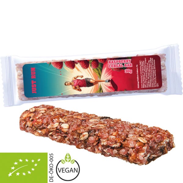 Bio Müsliriegel Multikorn-Himbeere, 30g, Express Flowpack mit Etikett