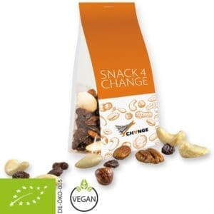Bio Studentenfutter, ca. 40g, Express Blockbodenbeutel mit Werbereiter