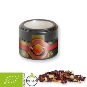 Früchtetee Bio gute Laune, ca. 30g, Metalldose Mini mit Sichtfenster schwarz