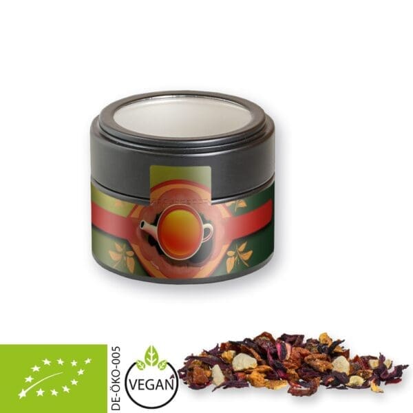 Früchtetee Bio gute Laune, ca. 30g, Metalldose Mini mit Sichtfenster schwarz