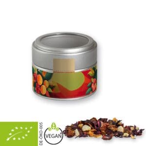 Früchtetee Bio gute Laune, ca. 30g, Metalldose Mini mit Sichtfenster silber