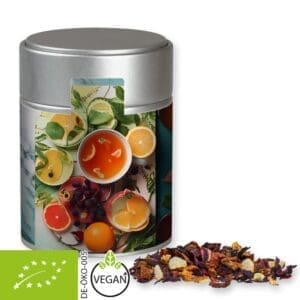 Früchtetee Bio gute Laune, ca. 60g, Metalldose Midi silber