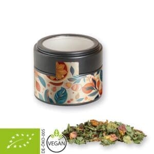 Kräutertee Bio Glücksgefühle, ca. 15g, Metalldose Mini mit Sichtfenster schwarz