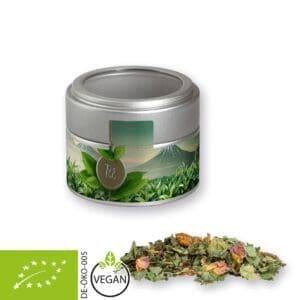 Kräutertee Bio Glücksgefühle, ca. 15g, Metalldose Mini mit Sichtfenster silber