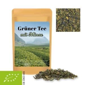 Tee Bio Grüner mit Minze, ca. 12g, Standbeutel Mini