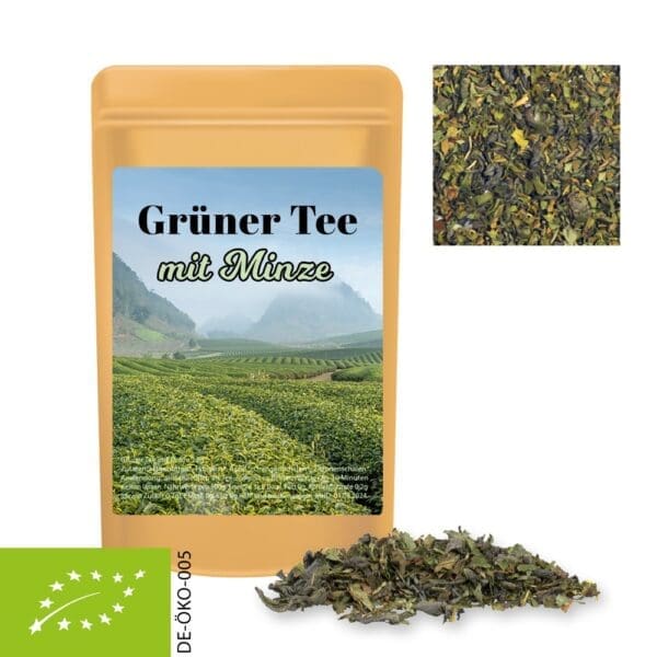 Tee Bio Grüner mit Minze, ca. 12g, Standbeutel Mini