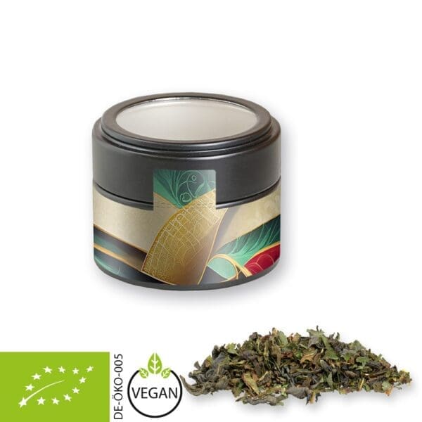 Tee Bio Grüner mit Minze, ca. 18g, Metalldose Mini mit Sichtfenster schwarz
