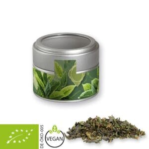 Tee Bio Grüner mit Minze, ca. 18g, Metalldose Mini mit Sichtfenster silber
