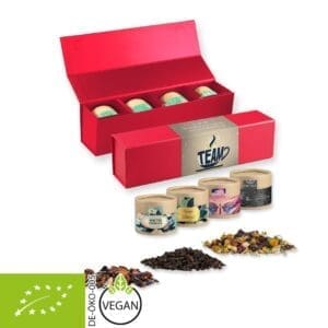 Teesorten, Verschiedene Bio und nicht-Bio, ca. 60-140g, Geschenk-Set Premium rot mit Magnetverschluss und 4 Kraftpapierdosen Mini