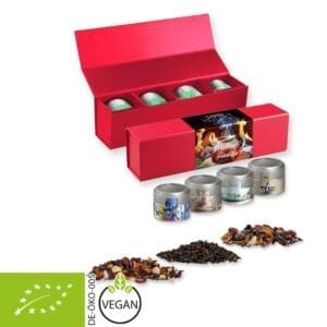 Teesorten, Verschiedene Bio und nicht-Bio, ca. 60-140g, Geschenk-Set Premium rot mit Magnetverschluss und 4 Metalldosen Mini mit Sichtfenste