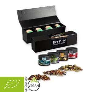 Teesorten, Verschiedene Bio und nicht-Bio, ca. 60-140g, Geschenk-Set Premium schwarz mit Magnetverschluss und 4 Kraftpapierdosen Mini