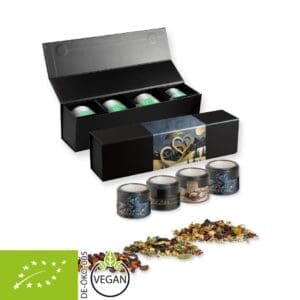 Teesorten, Verschiedene Bio und nicht-Bio, ca. 60-140g, Geschenk-Set Premium schwarz mit Magnetverschluss und 4 Metalldosen Mini mit Sichtfenster