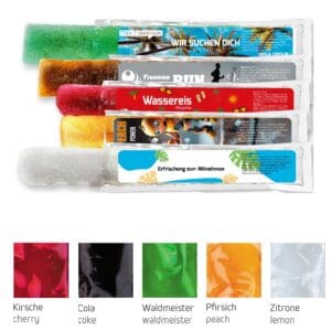 Wassereis im 5er Sortenmix (Kirsche, Waldmeister, Cola, Zitrone, Pfirsich), 40 ml, Express Schlauchtüte mit Etikett