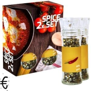 verschiedene Gewürzmischungen Bio und nicht Bio (Kategorie 1), 70-160g, 2er Set Glas mit Kunststoffmahlwerk in Faltschachtel