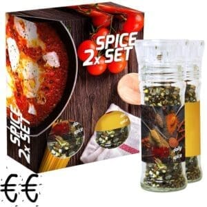 verschiedene Gewürzmischungen Bio und nicht Bio (Kategorie 2), 70-160g, 2er Set Glas mit Kunststoffmahlwerk in Faltschachtel