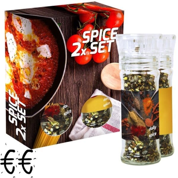 verschiedene Gewürzmischungen Bio und nicht Bio (Kategorie 2), 70-160g, 2er Set Glas mit Kunststoffmahlwerk in Faltschachtel