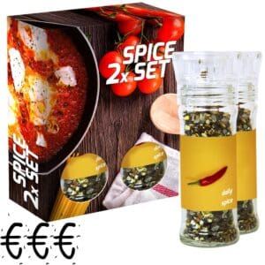 verschiedene Gewürzmischungen Bio und nicht Bio (Kategorie 3), 70-160g, 2er Set Glas mit Kunststoffmahlwerk in Faltschachtel